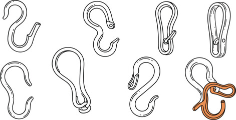 Obraz premium A collection of various metal s-hooks and carabiner clips in line style