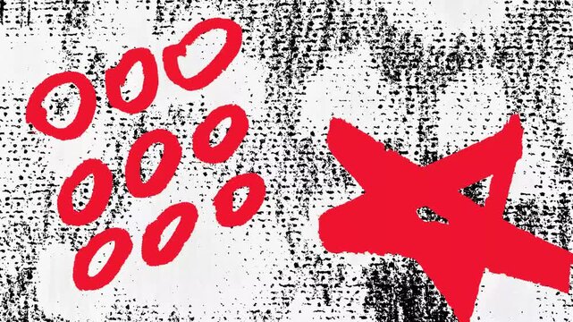 Chaotic black and white scribbles mix with red marks. The animation builds visual noise through tangled lines and fragmented hand-drawn elements.