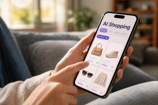 Close up woman using AI Shopping app on smartphone for fashion items at cozy home