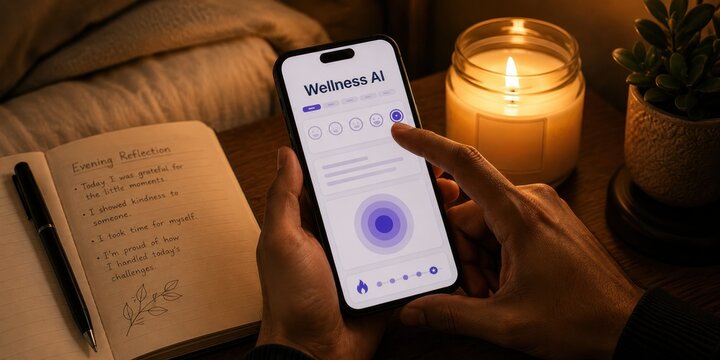 Close up hands using Wellness AI mood tracking app near evening reflection diary and candle