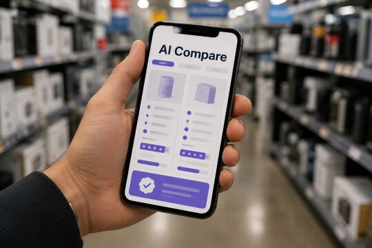 Close up man hand holding smartphone using AI Compare app for shopping product selection in supermarket