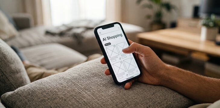 Close up man hand holding smartphone using AI Shopping app wireframe on cozy sofa