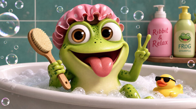 Cheerful green cartoon frog with pink polka dot cap in bubbly bathtub holds brush, flashes peace sign with tongue out beside rubber duck