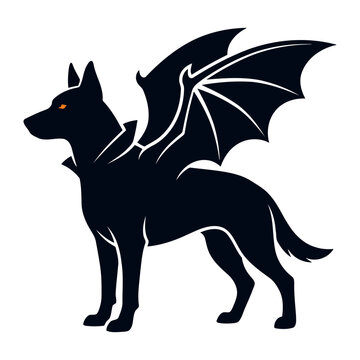 A dark silhouette of a winged dog mythical beast creature with glowing eyes standing isolated on a white background for horror and fantasy art designs