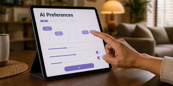 Close up woman hand touching tablet screen configuring AI Preferences app on table