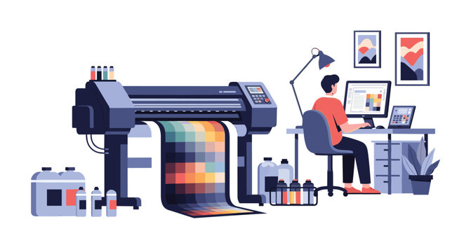 Professional designer working in a digital printing studio with a large format printer producing colorful palette charts.