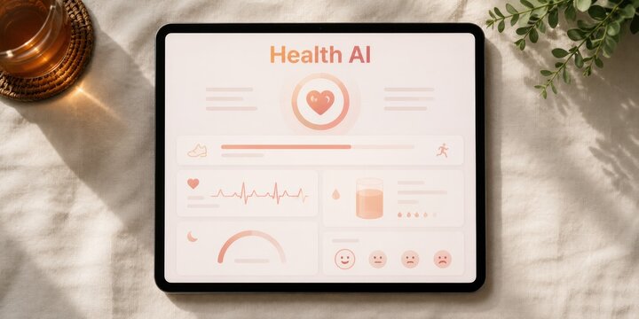 Flat lay tablet displaying Health AI wellness dashboard near tea cup on linen fabric