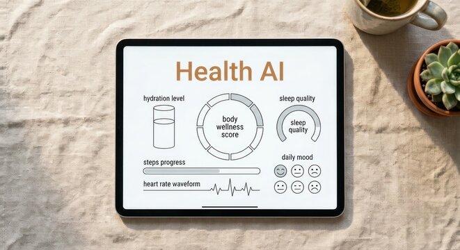 Flat lay tablet displaying Health AI wireframe dashboard on linen fabric near tea