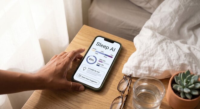 High angle medium skin hand touching smartphone with Sleep AI rest tracking app on nightstand
