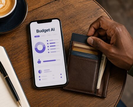 High angle man holding credit card from wallet near smartphone running Budget AI app