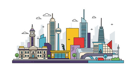 Obraz premium Detailed modern city skyline illustration depicting a variety of architectural styles, iconic urban landmarks, and business buildings.