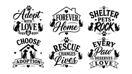 Fototapeta premium Collection of cute black and white pet adoption and rescue quotes and graphics