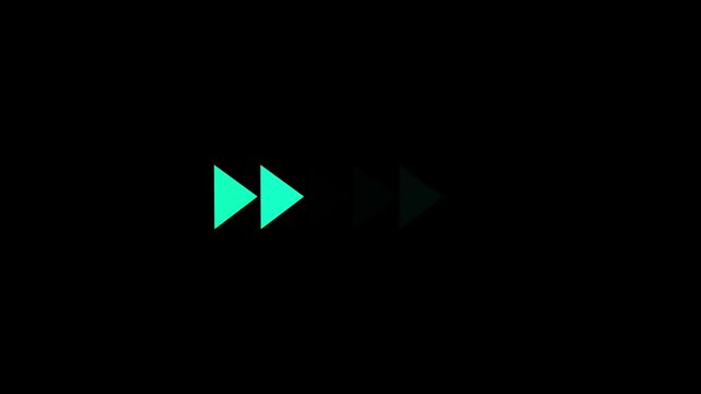 Fast forward teal symbols icon symbol animation on black background. Fast forward sign moving forward. Play button arrow animation. 4k