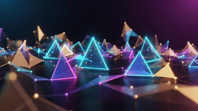 Futuristic Abstract 3D Plexus Background with Glowing Neon Pyramids and Connected Data Network
