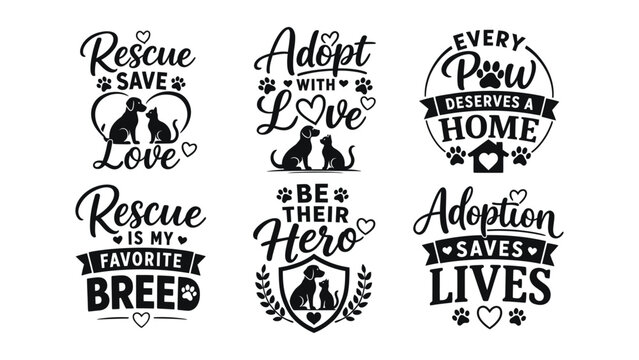 Set of six distinct graphic design illustrations promoting animal rescue and adoption