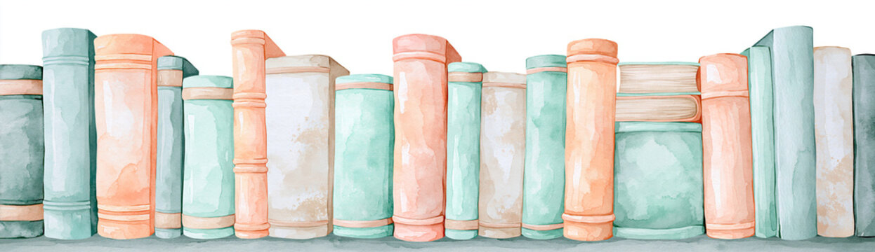 Banner panor&acirc;mico de ilustra&ccedil;&atilde;o em aquarela: fileira de livros em tons pastel p&ecirc;ssego e verde menta na estante. Isolado no fundo branco