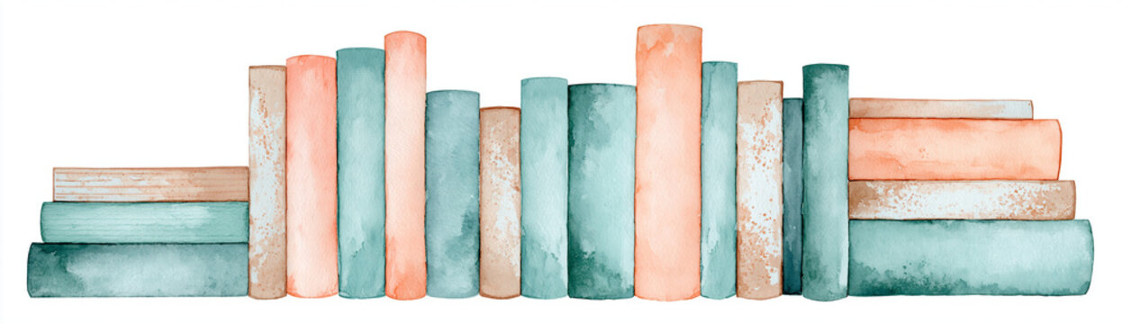 Soft pastel watercolor books illustration in mint green and peach tones. Long horizontal row of blank books isolated on white background, panoramic web banner border