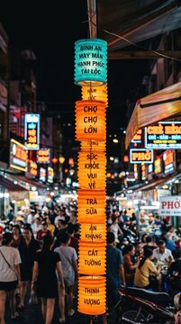 Decorated colorful lanterns hanging on a stand in the streets of Cholon in Ho Chi Minh City (Saigon), Vietnam during Mid Autumn Festival of Lunar Calendar.