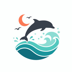 Fototapeta premium This image captures a playful dolphin leaping above vibrant ocean waves under a sunset, representing joy, freedom, and the beauty of marine life in nature.