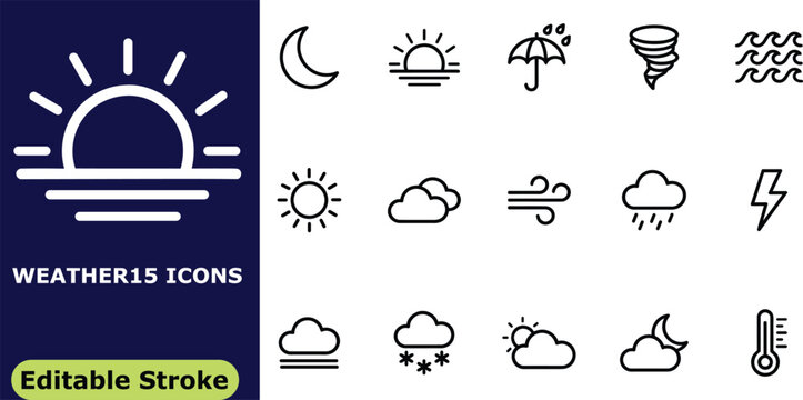 Weather and climate icon set, 15 vector outline pictograms of forecast symbols, meteorological elements, and atmospheric conditions for mobile app design
