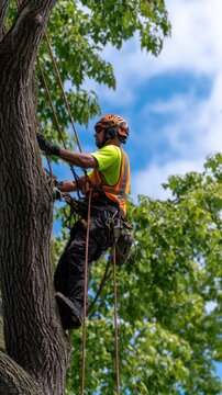 A tree climber dressed in safety gear carefully ascends a tall tree under a clear blue sky