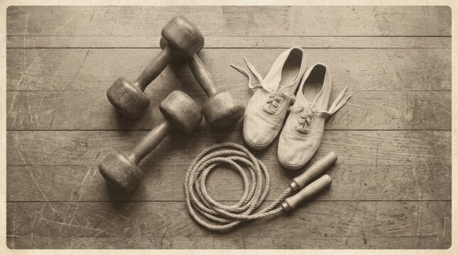 Vintage gym equipment with wooden dumbbells, canvas shoes, and jump rope on wooden floor