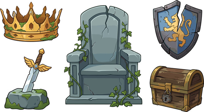Ruined Kingdom Vector Icon Set with Mossy Crown Ruined Stone Throne Sword in Rock Broken Lion Shield and Wooden Treasure Chest Game Assets