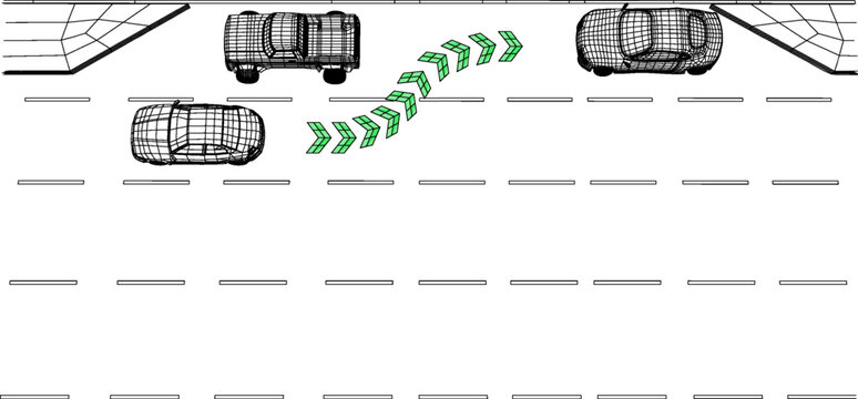 Automatic parallel parking system demonstration in a parking lot area on a busy street during daytime
