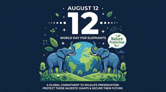 August 12 world elephant day celebration with elephants and globe illustration