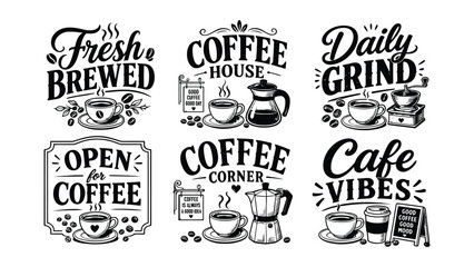 Fototapeta premium Collection of coffee shop signs and lettering designs featuring cups and coffee beans