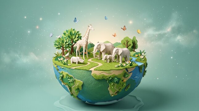 Miniature world with diverse animals and plants on a globe miniature landscape