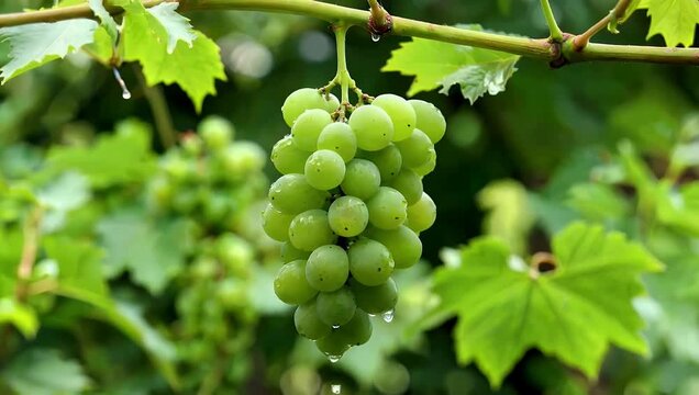 An exquisite cinematic 4K vineyard close up capturing a heavy bunch of fresh sun kissed green grapes hanging from a leafy grapevine showcasing morning dew droplets and rich agricultural textures