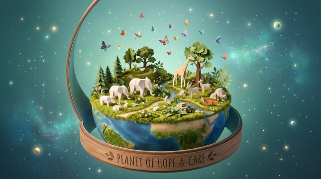 Miniature world with animals and plants on a globe inside a glass bowl, wildlife
