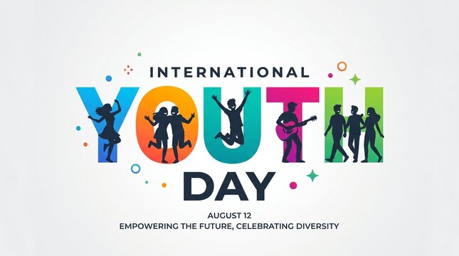 International youth day banner with colorful text and silhouettes of people