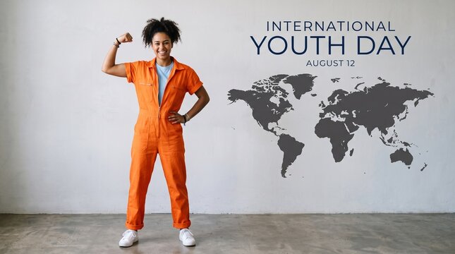 Young man in orange jumpsuit posing in front of international youth day banner