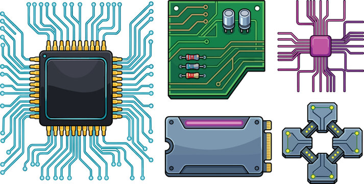 Computer Hardware Vector Icon Set featuring CPU Microchip Green Circuit Board SSD Storage Drive and Tech Node Elements for Sci-Fi Game Interface Designs