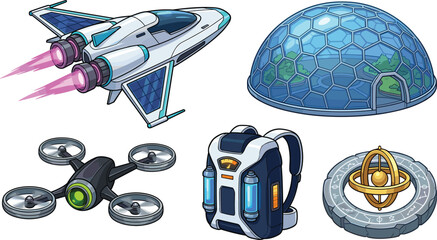 Sci-Fi Space Exploration Vector Asset Set with Spaceship Fighter Geodesic Biodome Drone Jetpack and Astrolabe Gyroscope Mechanism for Futuristic Game Designs © MstRozina
