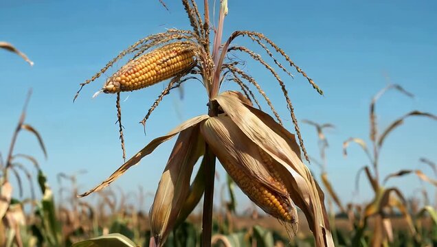 A nostalgic warm 4K close up of dry golden corn cobs hanging from stalks in a vast agricultural field during autumn perfectly capturing the rustic spirit of a successful harvest season