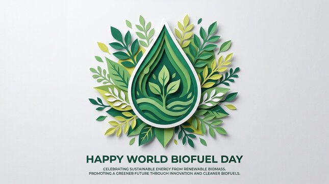 Happy world biofuel day with green leaf and biofuel drop illustration, renewable