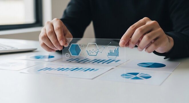 Hands holding clear tablet displaying business analytics graphics over financial reports in a modern office setting for strategic planning.