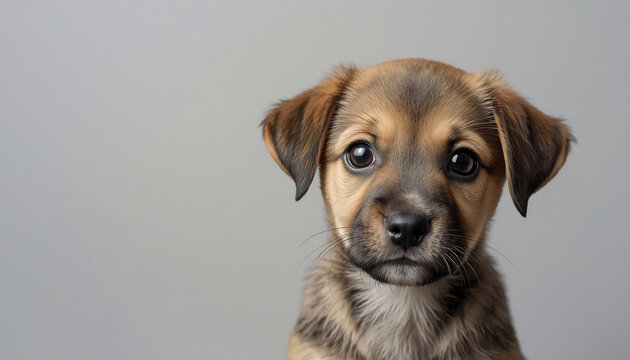 Adorable puppy with big brown eyes looking directly at camera, cute mixed breed dog portrait with soft studio lighting on neutral grey background