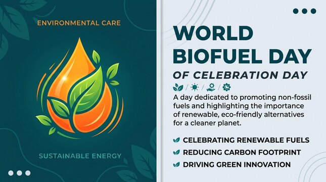 World biofuel day celebration poster with green leaf and fuel icons, celebration