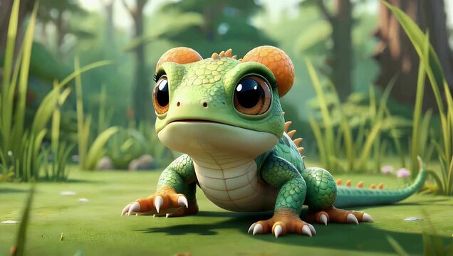 A delightful 3D animated 4K cartoon gecko featuring huge friendly eyes and vibrant orange scales crawling playfully across the screen in a whimsical design perfect for children s entertainment