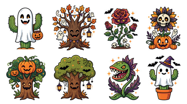 Halloween plant character set vector illustration