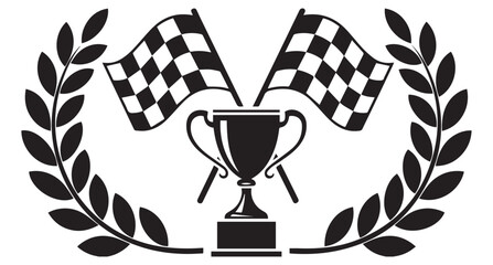 Obraz premium Checkered racing flags with winner trophy and laurel wreath vector