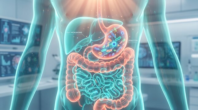 Human gut microbiome with glowing bacteria in digestive system, intestine and stomach, medical 3D illustration, gut health concept