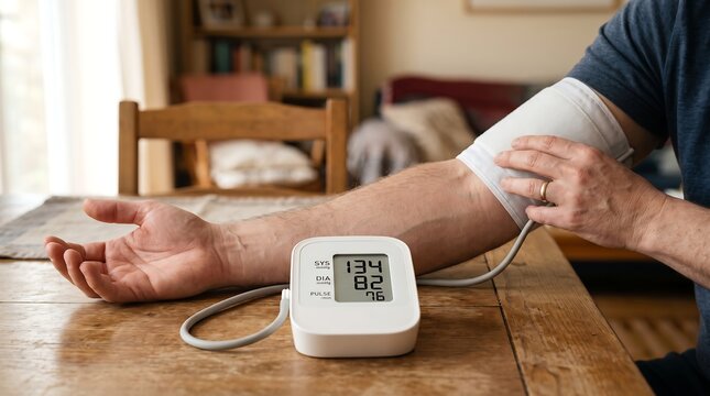 A person sitting at a table in a home environment taking blood pressure with a digital monitor on their arm.