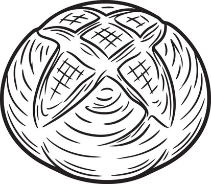 Hand drawn artisan sourdough bread loaf illustration for bakery branding or kitchen isolated.