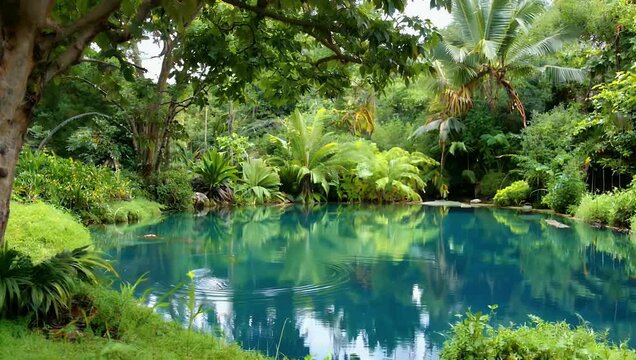 A remarkably serene high definition 4K lifestyle shot of a crystal clear luxury swimming pool gleaming in the sun beautifully framed by soft focus exotic green foliage to evoke complete peace and