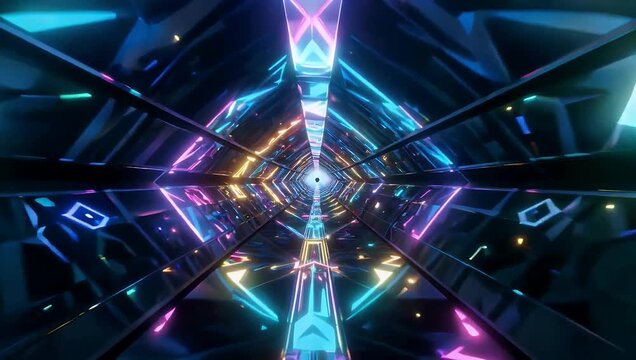 An immersive looping 4K 3D motion graphic flythrough of an infinite high tech corridor illuminated by vibrant neon lights creating a dynamic sense of warp speed inside a digital space wormhole